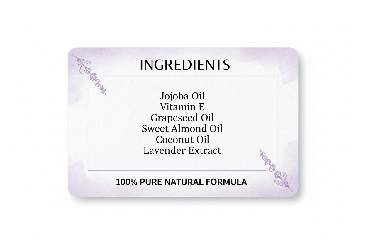 Create a clean ingredient card with lavender accents and black text. Title: Ingredients. Include jojoba oil, vitamin E, grapeseed oil, sweet almond oil, coconut oil, lavender extract, 100% pure natural formula. Luxury beauty brand style.