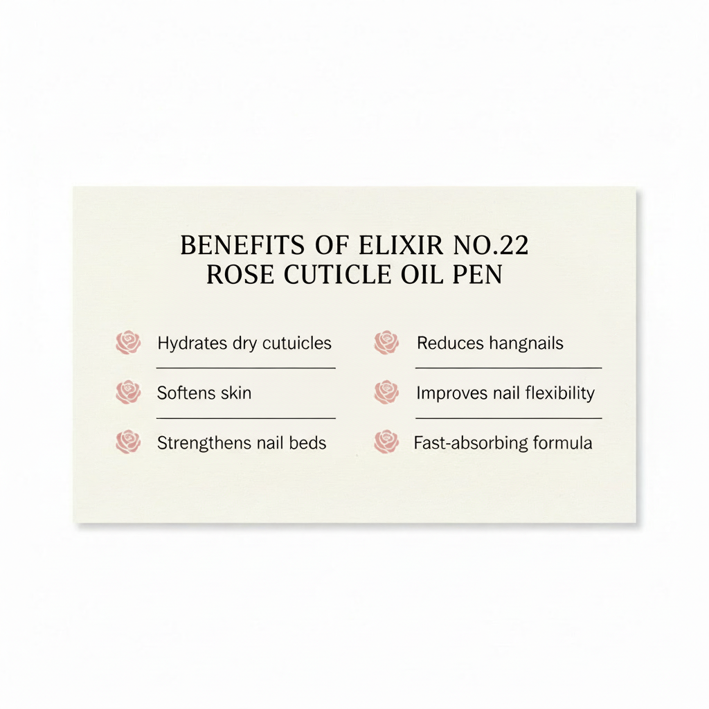
“Create a clean product benefit card for a rose-scented cuticle oil pen. Include the following benefits: hydrates dry cuticles, softens skin, strengthens nail beds, reduces hangnails, improves nail flexibility, fast-absorbing formula. Use a luxury minimal design with soft pink accents and black text. Include the heading: ‘Benefits of Elixir No.22 Rose Cuticle Oil Pen.’”
