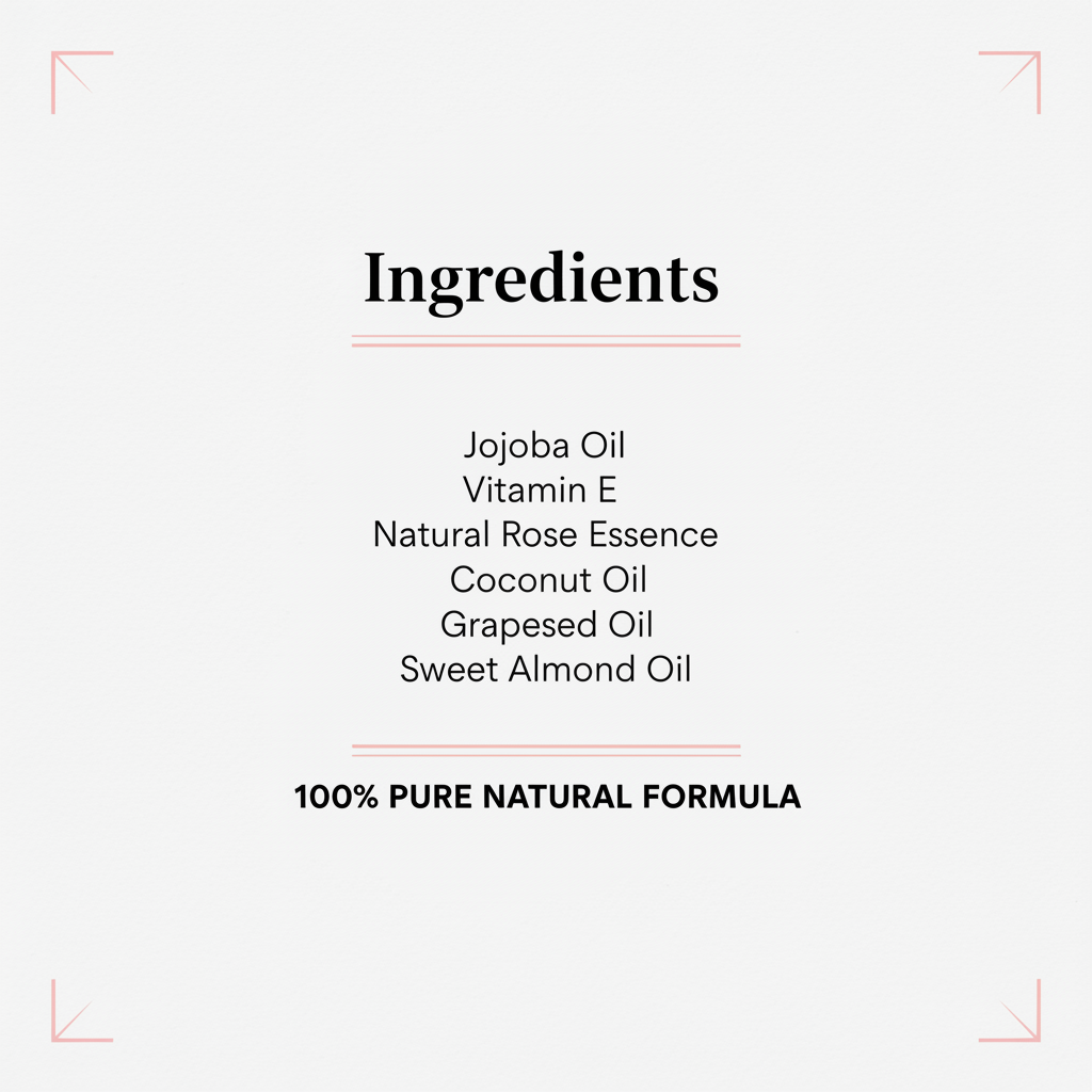 “Create a minimalist ingredient card for a cuticle oil pen using black text on a white background with soft rose accents. Title: ‘Ingredients.’ Include: jojoba oil, vitamin E, natural rose essence, coconut oil, grapeseed oil, sweet almond oil, 100% pure natural formula. Make it look premium like a Sephora ingredient card.”